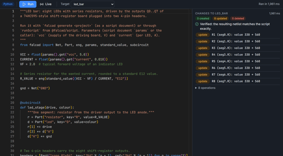 A Python script for an eight-LED bar graph next to the verified change list updating eight resistor values