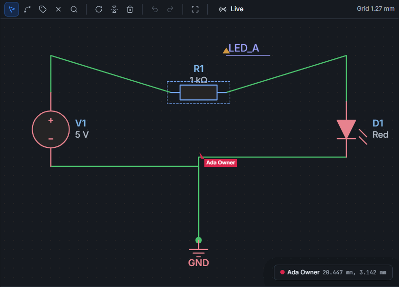 A shared schematic showing the other editor's cursor and name on the canvas