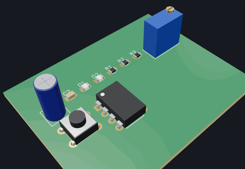 The 555 blinker board in 3D with the NE555, the potentiometer and the passives