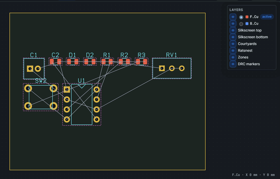 The 555 blinker's footprints placed on a 50 by 40 mm board outline with ratsnest lines and the layers panel