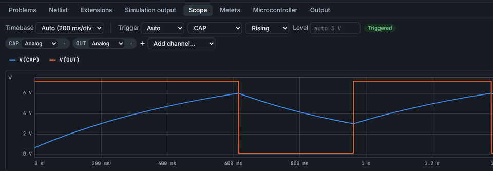 A 555 blinker running live with wires coloured by voltage, and the scope showing the capacitor and output voltages