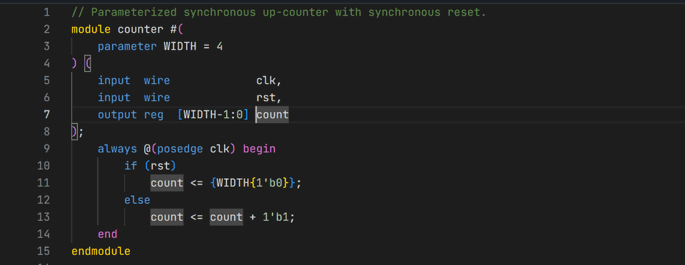 A parameterized Verilog counter in the editor